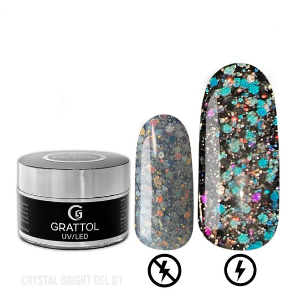 Гель со светоотражающим крупным глиттером GRATTOL GEL CRYSTAL BRIGHT 01, 15мл