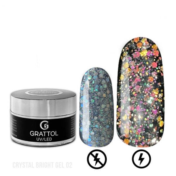 Гель со светоотражающим крупным глиттером GRATTOL GEL CRYSTAL BRIGHT 02, 15мл