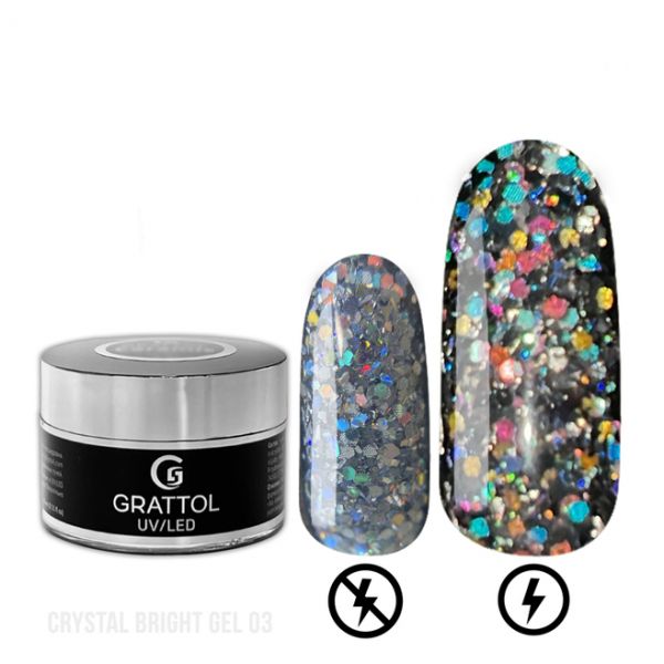 Гель со светоотражающим крупным глиттером GRATTOL GEL CRYSTAL BRIGHT 03, 15мл