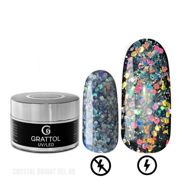 Гель со светоотражающим крупным глиттером GRATTOL GEL CRYSTAL BRIGHT 05, 15мл