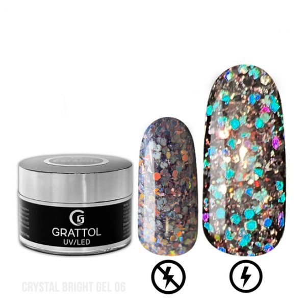 Гель со светоотражающим крупным глиттером GRATTOL GEL CRYSTAL BRIGHT 06, 15мл